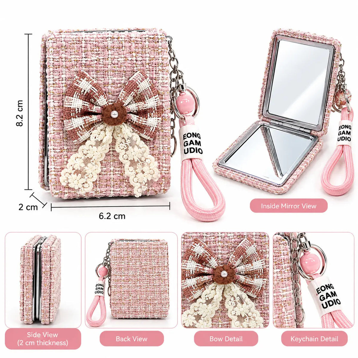 Elegant Bow Compact Mirror Keychain with Wrist Strap