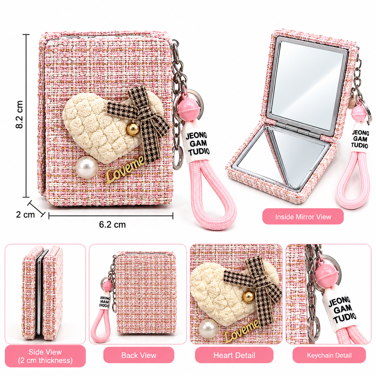 Love Me Heart Compact Mirror Keychain with Wrist Strap