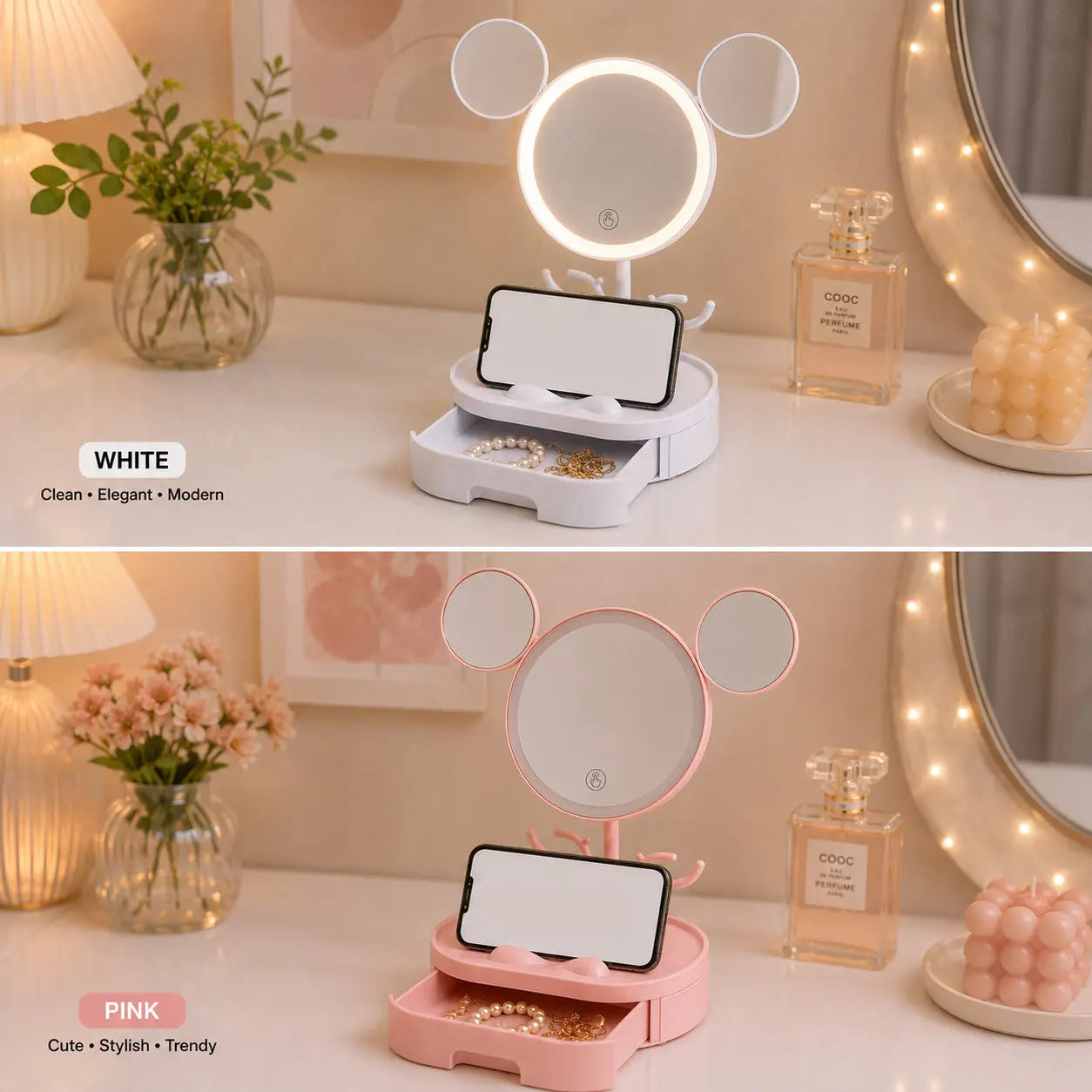 LED Mickey Ear Makeup Mirror with Jewelry Organizer & Storage Drawer