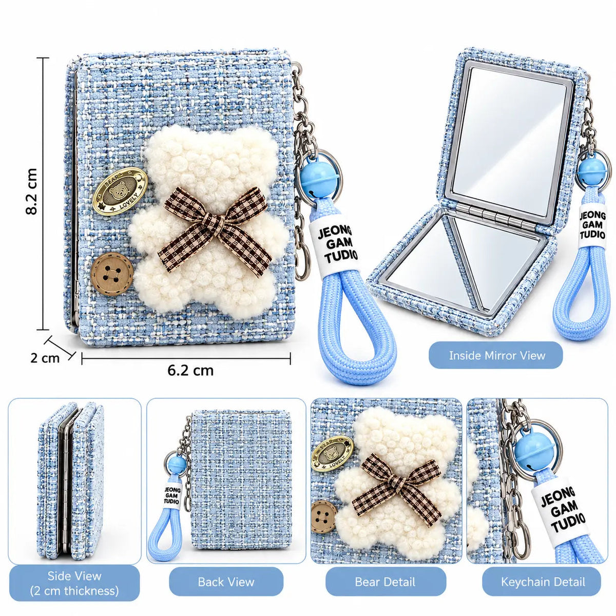 Cute Teddy Bear Compact Mirror Keychain with Wrist Strap