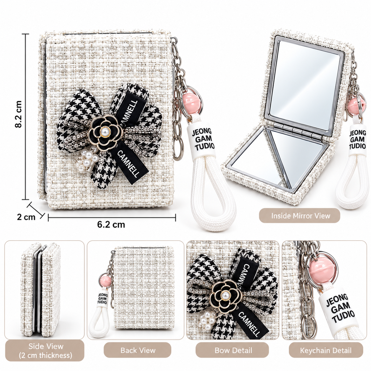 Chic Floral Bow Compact Mirror Keychain with Wrist Strap
