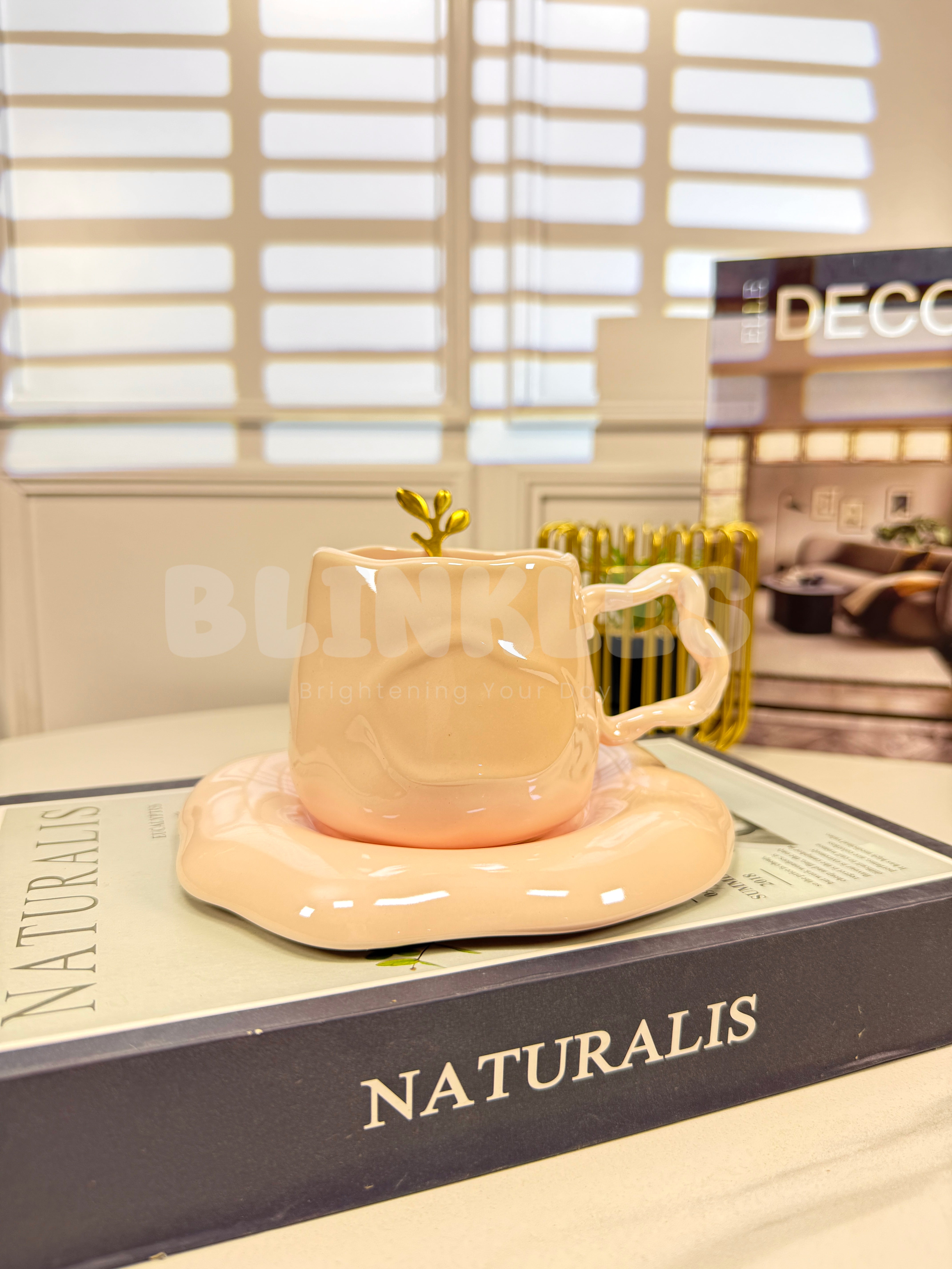 Luxury Melted Style Ceramic Coffee Cup & Saucer Set with Gold Spoon Minimal Aesthetic Mug