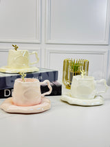 Luxury Melted Style Ceramic Coffee Cup & Saucer Set with Gold Spoon Minimal Aesthetic Mug
