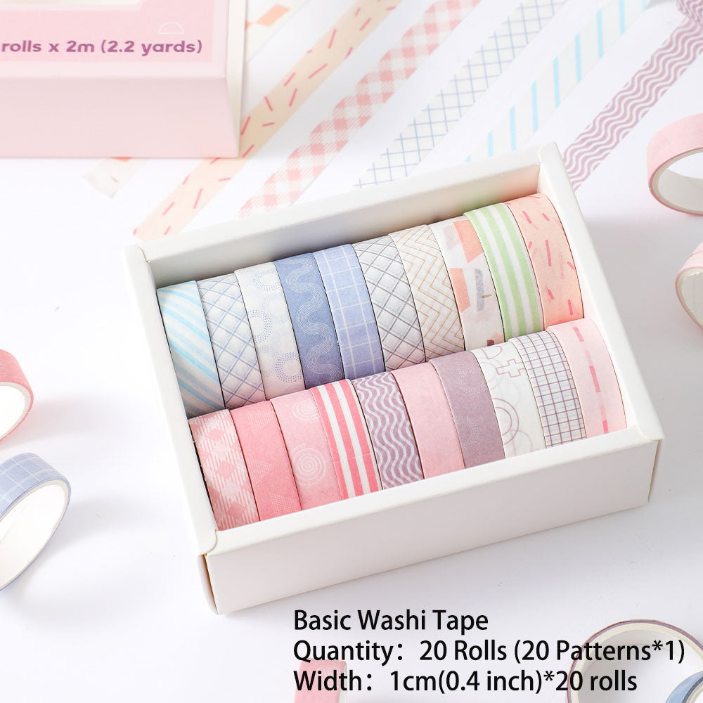 20 rolls Washi Tape Set Simple Thin Masking Tape For DIY Arts Crafts Gift Wrapping Journaling Scrapbooking Labeling Coding Deco