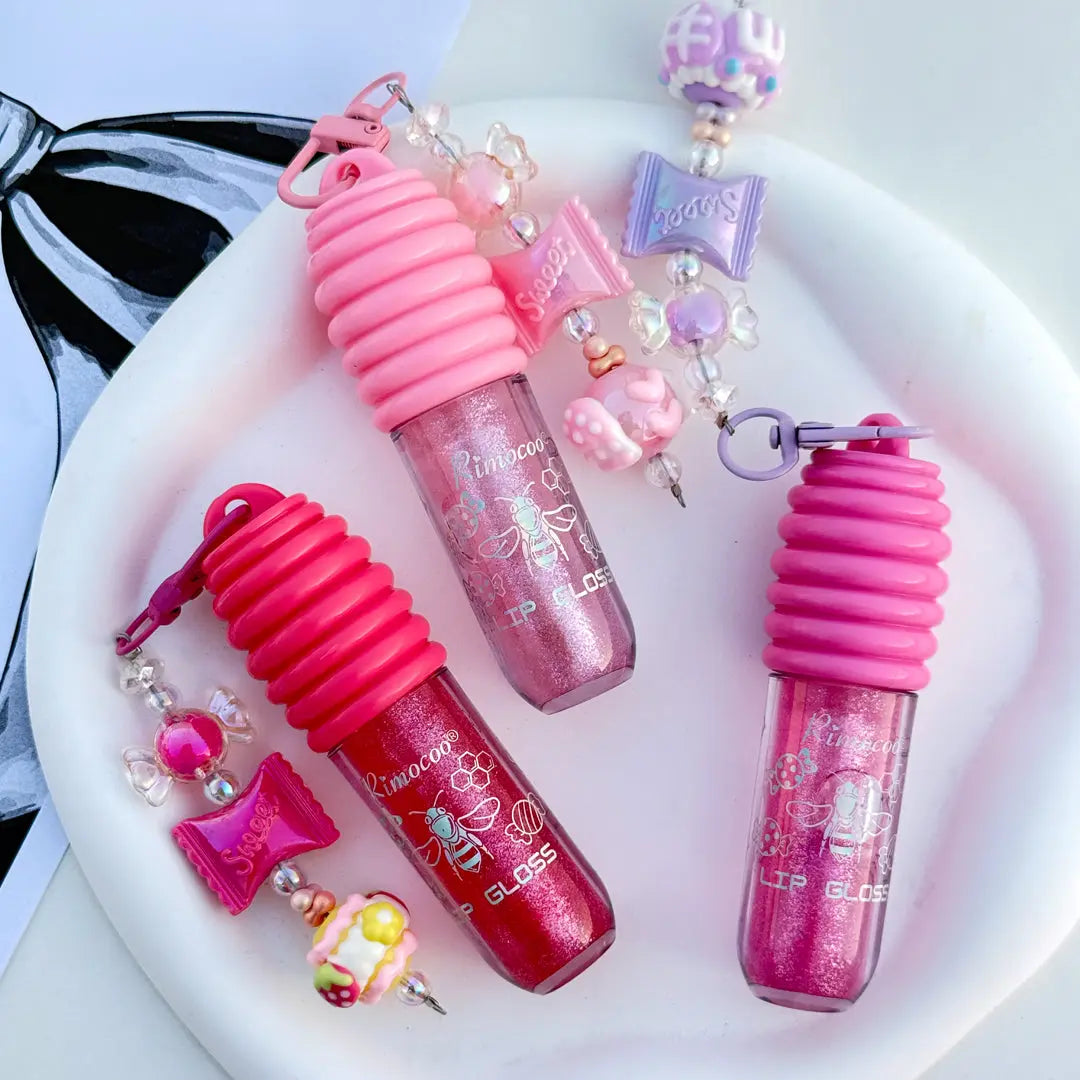 Candy Charm Lip Gloss Keychain Glitter Moisturizing Lip Gloss with Sweet Beaded Accessories