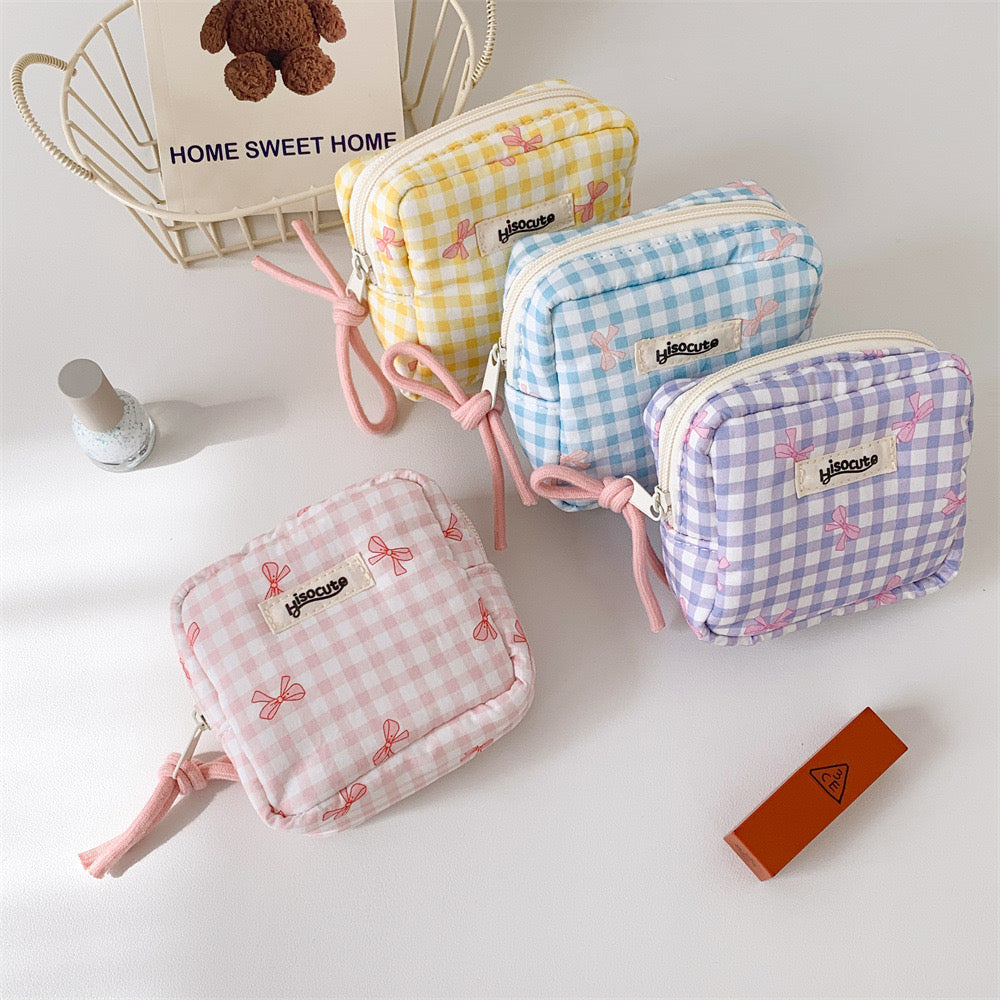 Korean Plaid Bow Cosmetic Storage Bag Simple Square Portable Change Pouch