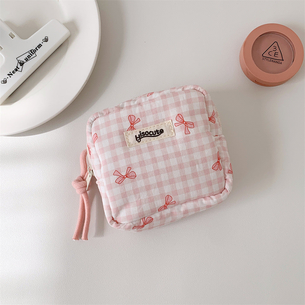 Korean Plaid Bow Cosmetic Storage Bag Simple Square Portable Change Pouch