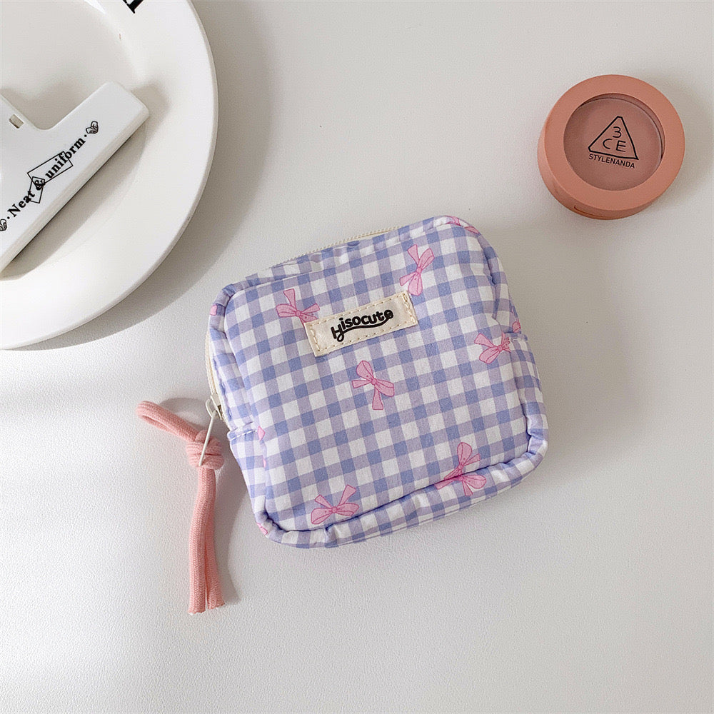 Korean Plaid Bow Cosmetic Storage Bag Simple Square Portable Change Pouch