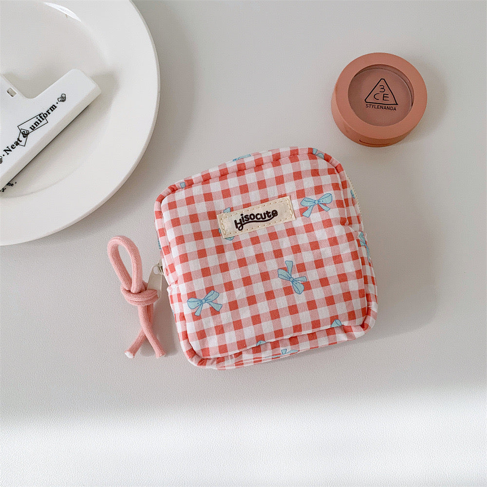 Korean Plaid Bow Cosmetic Storage Bag Simple Square Portable Change Pouch