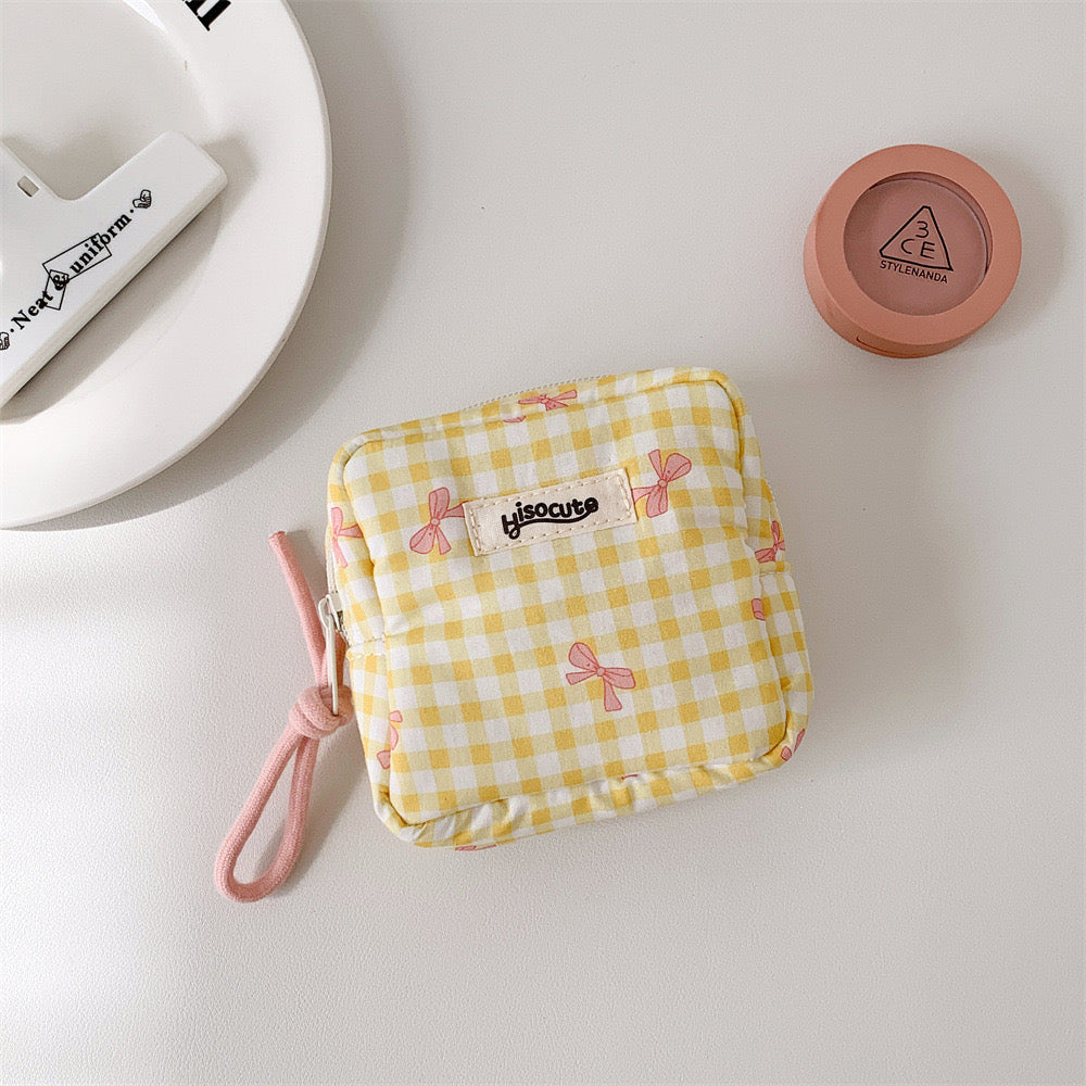 Korean Plaid Bow Cosmetic Storage Bag Simple Square Portable Change Pouch