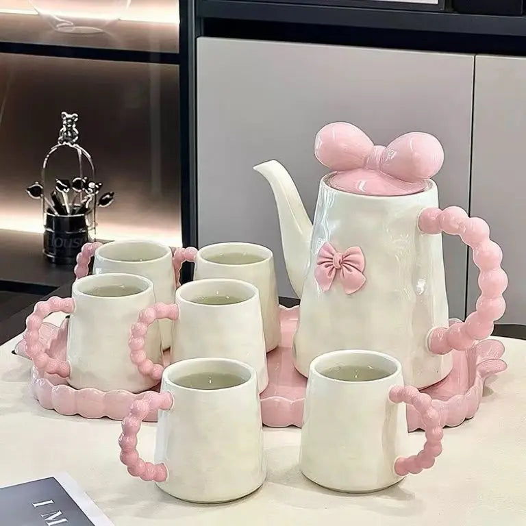 Kawaii Ceramic Tea Set with Tray Pink & Cream Teapot and 4 Cups, Cute Bow Handle Design Tea Serving Set
