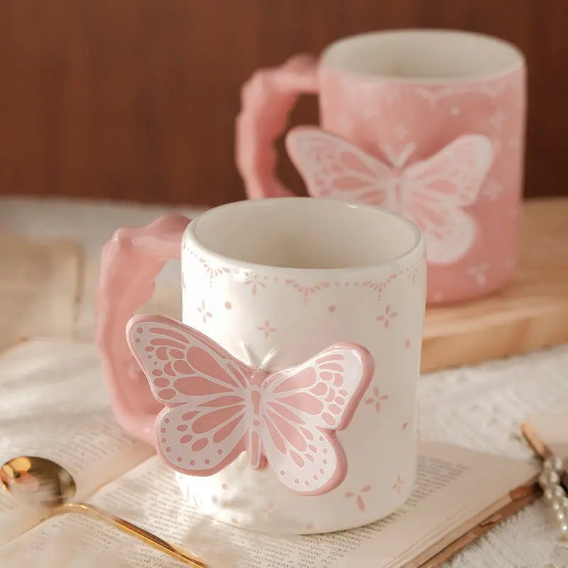 3D Butterfly Ceramic MugCute Aesthetic Coffee & Tea Cup Handmade Relief Butterfly Design Pink & Ivory Gift Mug SparkelsSparkels