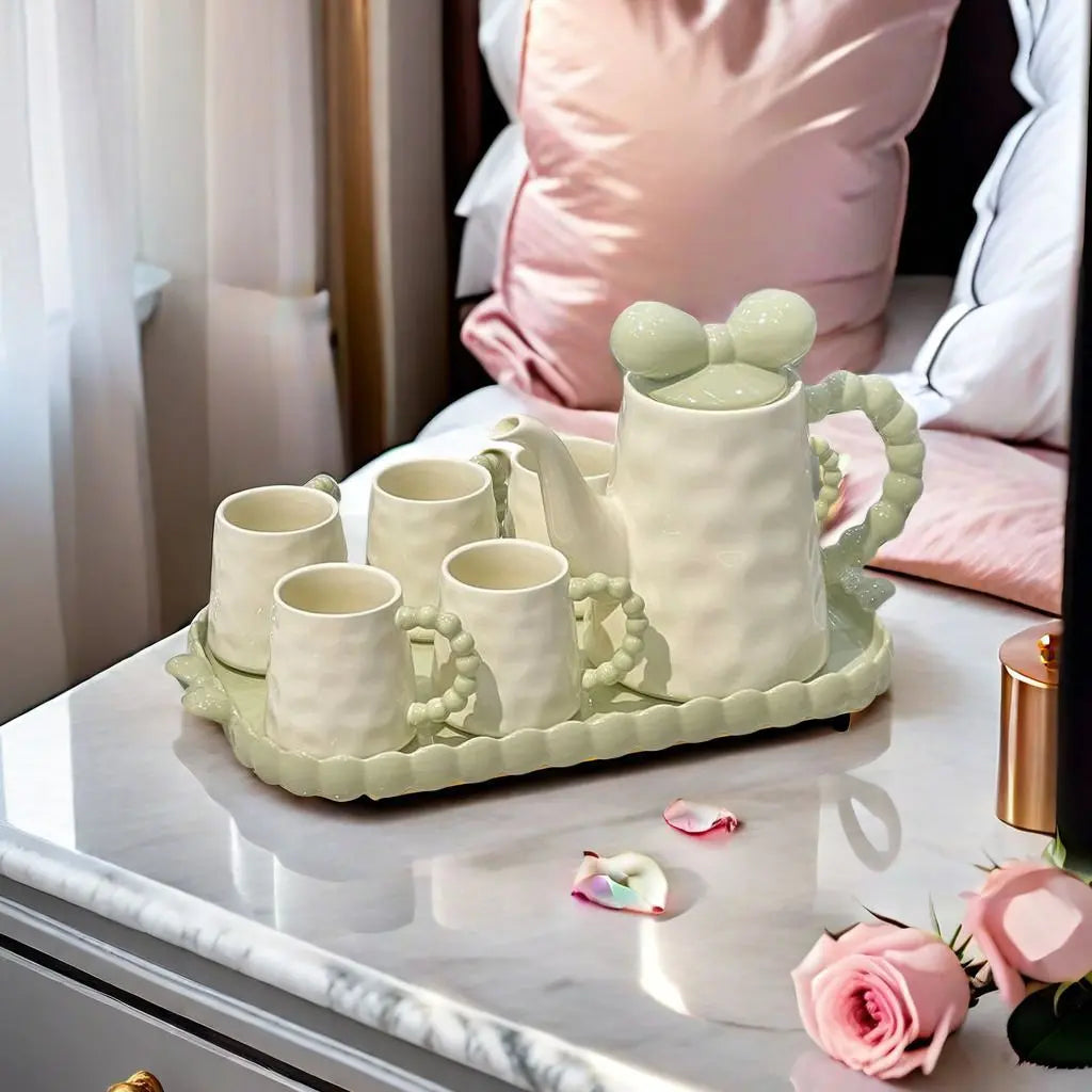 Kawaii Ceramic Tea Set with Tray Pink & Cream Teapot and 4 Cups, Cute Bow Handle Design Tea Serving Set