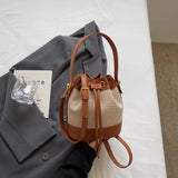 Vintage Canvas & PU Leather Bucket Bag Women’s Drawstring Crossbody Shoulder Handbag SparkelsSparkels