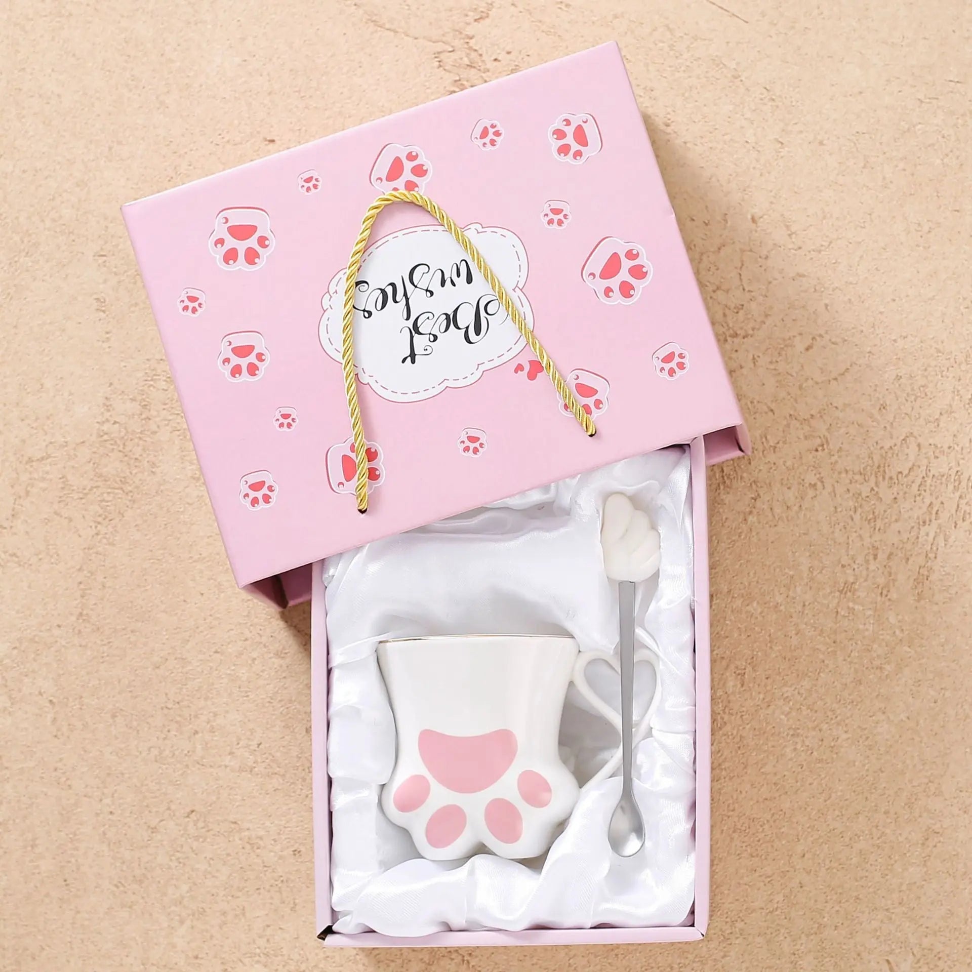 Cute Cat Paw Ceramic Mug with Heart Handle & Star Spoon Kawaii Coffee & Milk Cup Gift SparkelsSparkels