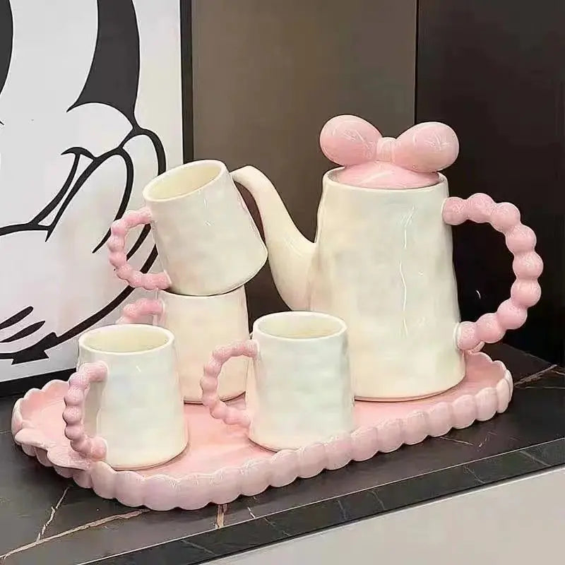 Kawaii Ceramic Tea Set with Tray Pink & Cream Teapot and 4 Cups, Cute Bow Handle Design Tea Serving Set