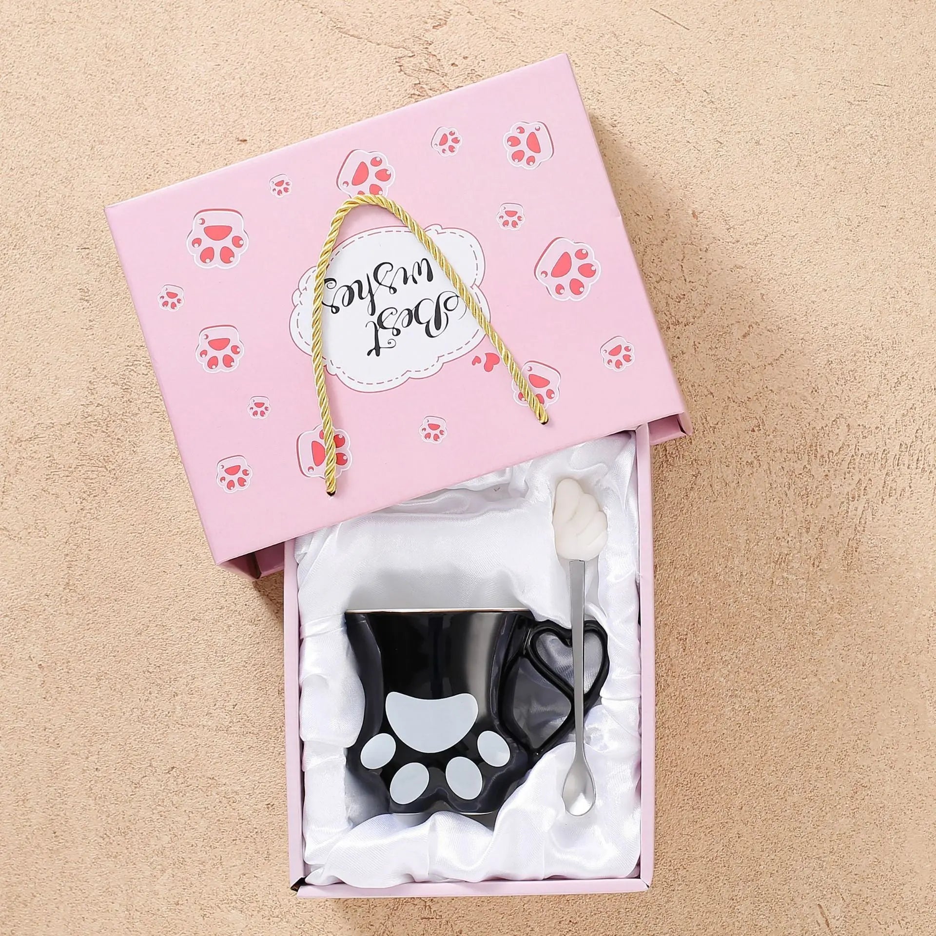 Cute Cat Paw Ceramic Mug with Heart Handle & Star Spoon Kawaii Coffee & Milk Cup Gift SparkelsSparkels