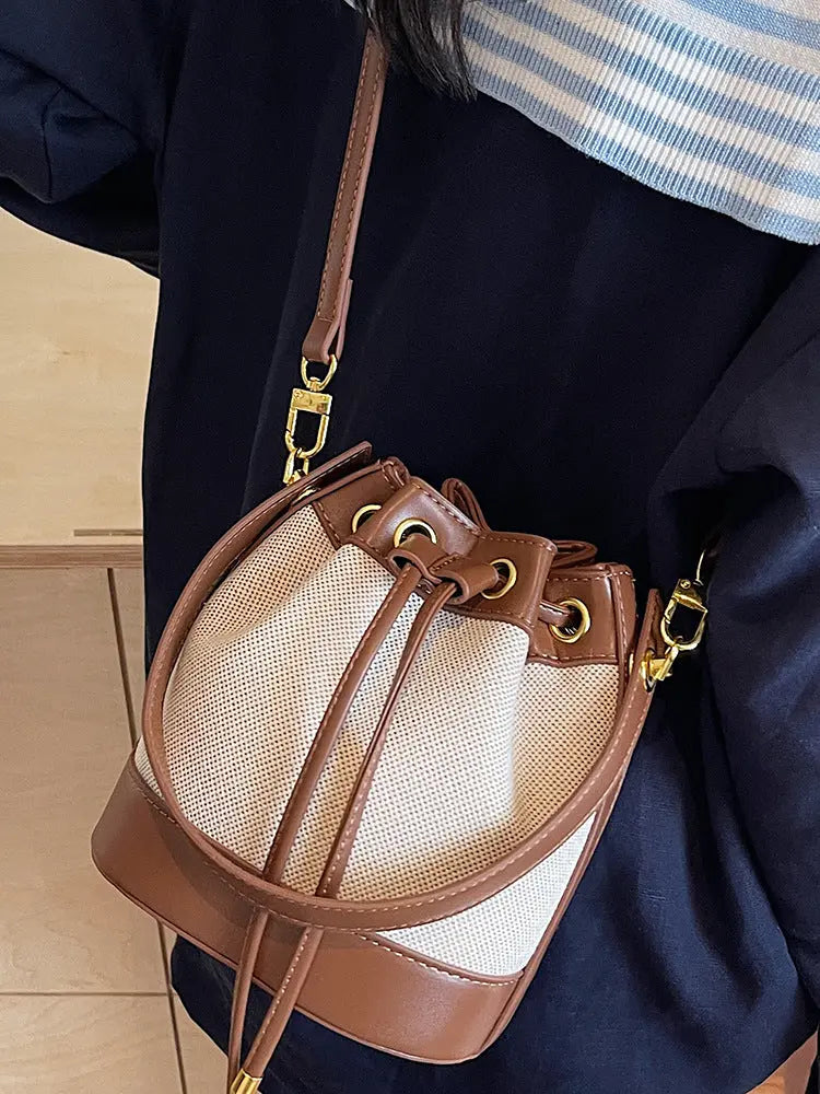 Vintage Canvas & PU Leather Bucket Bag Women’s Drawstring Crossbody Shoulder Handbag SparkelsSparkels