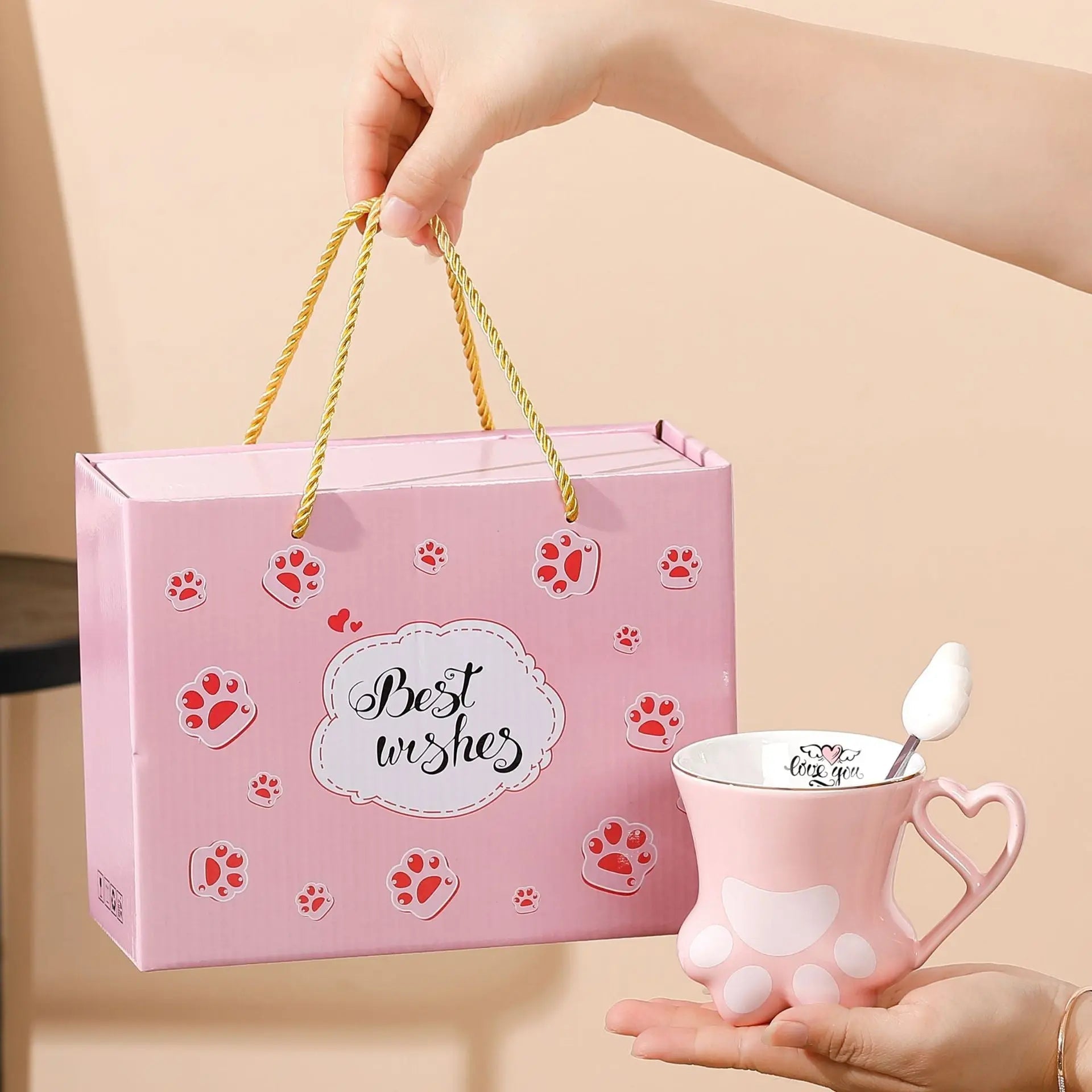 Cute Cat Paw Ceramic Mug with Heart Handle & Star Spoon Kawaii Coffee & Milk Cup Gift SparkelsSparkels