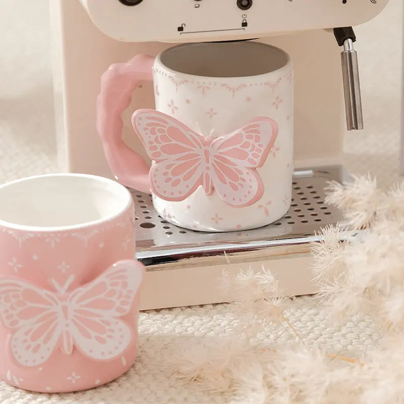 3D Butterfly Ceramic MugCute Aesthetic Coffee & Tea Cup Handmade Relief Butterfly Design Pink & Ivory Gift Mug SparkelsSparkels