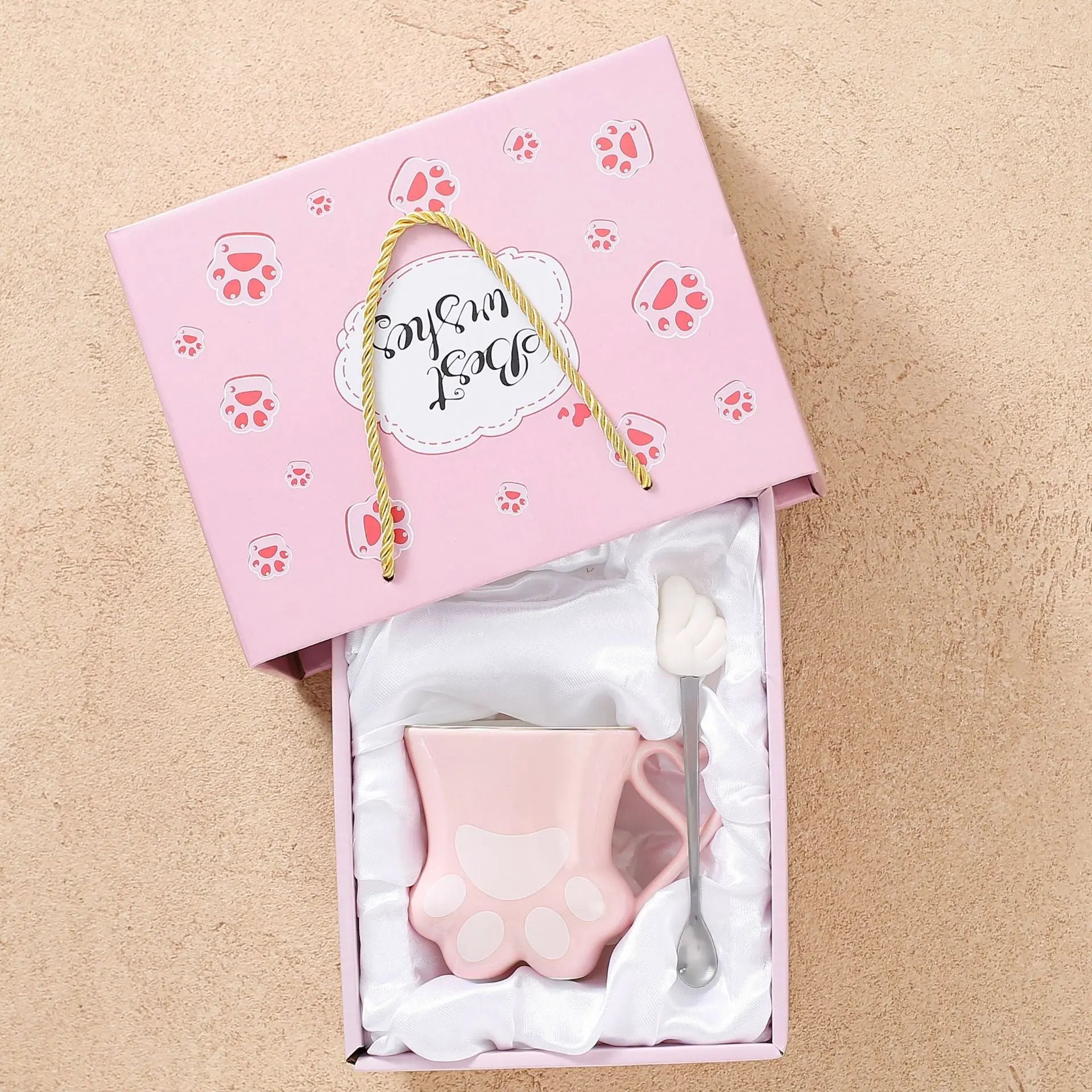 Cute Cat Paw Ceramic Mug with Heart Handle & Star Spoon Kawaii Coffee & Milk Cup Gift SparkelsSparkels