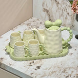 Kawaii Ceramic Tea Set with Tray Pink & Cream Teapot and 4 Cups, Cute Bow Handle Design Tea Serving Set