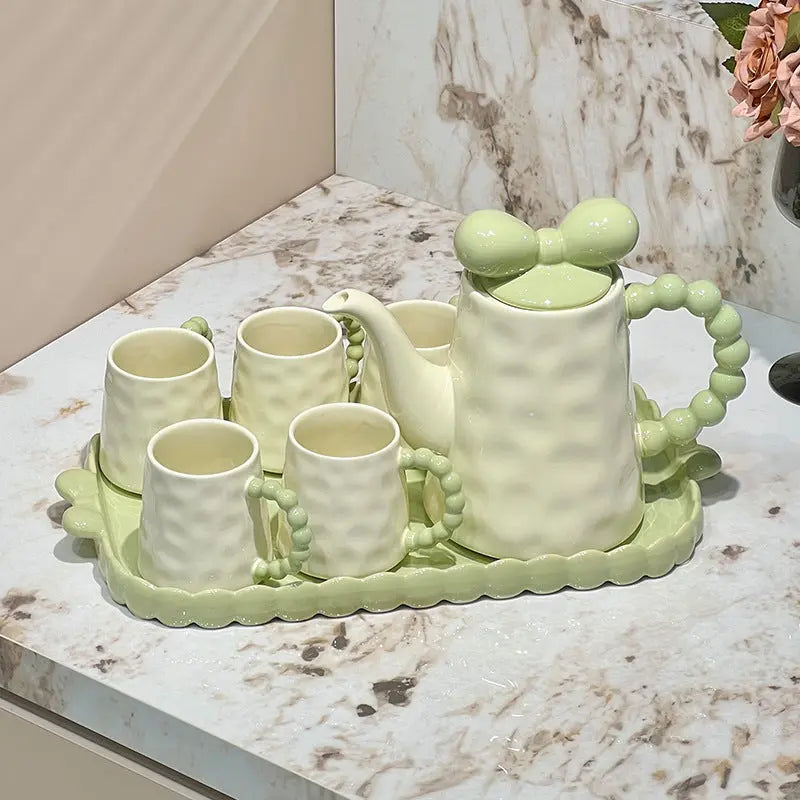 Kawaii Ceramic Tea Set with Tray Pink & Cream Teapot and 4 Cups, Cute Bow Handle Design Tea Serving Set