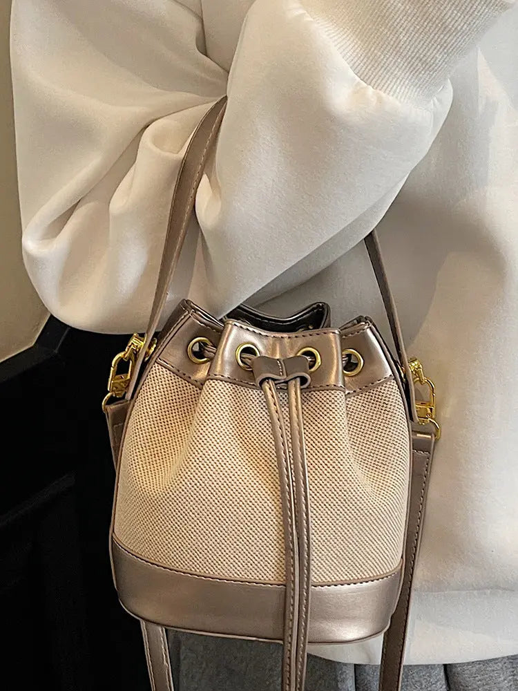 Vintage Canvas & PU Leather Bucket Bag Women’s Drawstring Crossbody Shoulder Handbag SparkelsSparkels