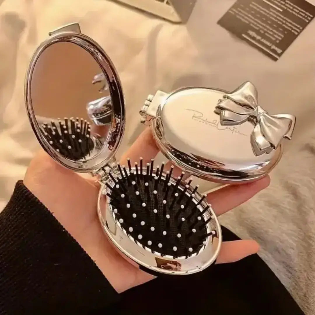 Portable Folding Mini Hair Brush with Compact Mirror Cute Bow Travel Pocket Comb SparkelsSparkels