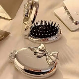 Portable Folding Mini Hair Brush with Compact Mirror Cute Bow Travel Pocket Comb SparkelsSparkels