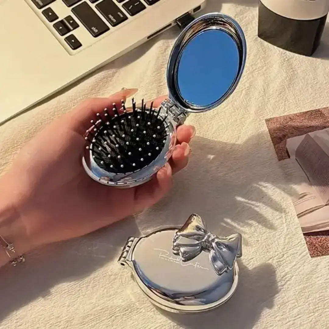 Portable Folding Mini Hair Brush with Compact Mirror Cute Bow Travel Pocket Comb SparkelsSparkels