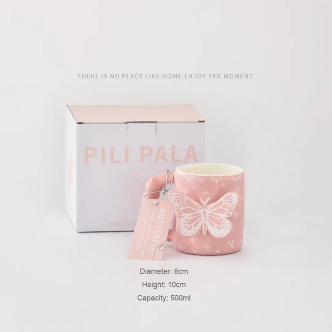 3D Butterfly Ceramic MugCute Aesthetic Coffee & Tea Cup Handmade Relief Butterfly Design Pink & Ivory Gift Mug SparkelsSparkels