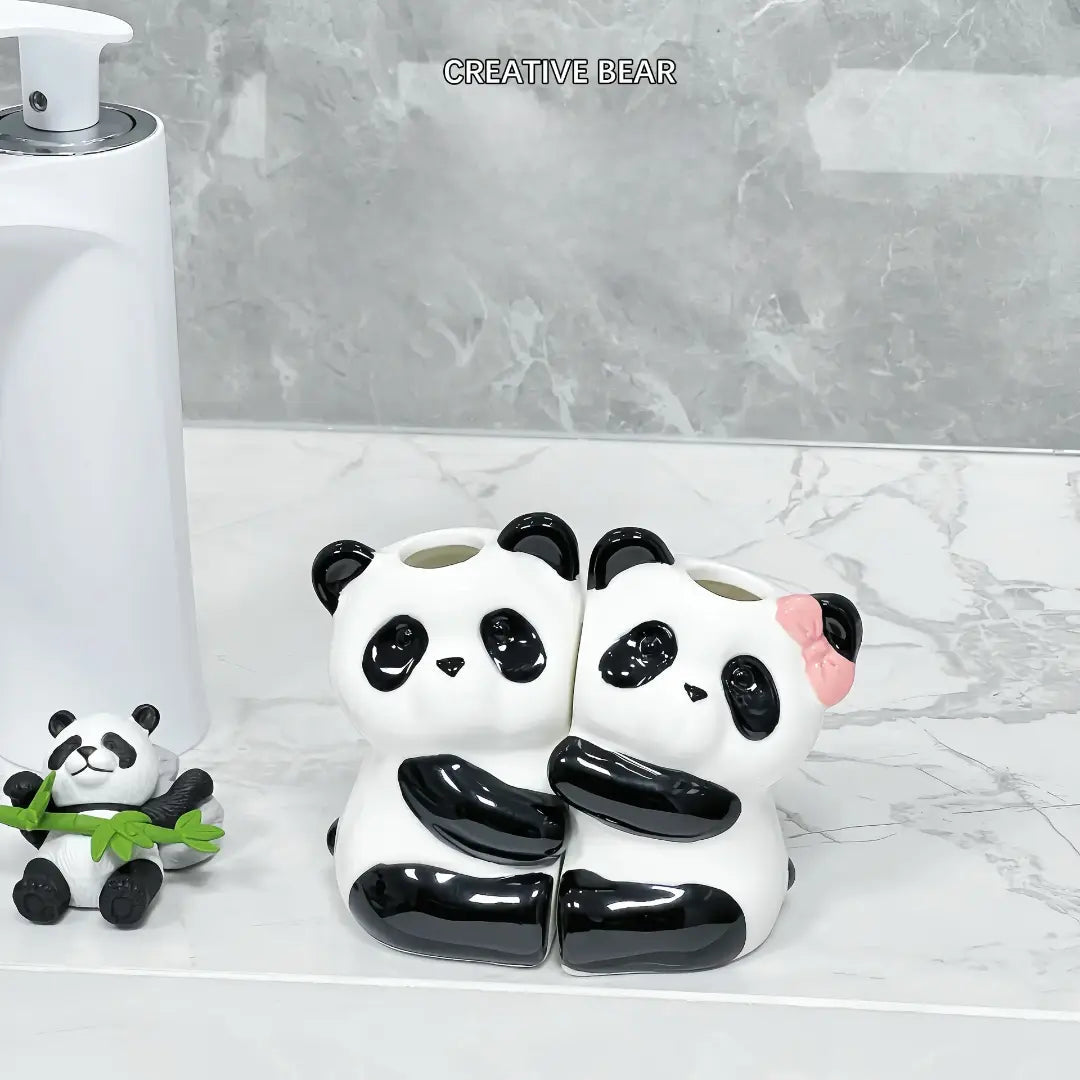 Cute Panda Couple Toothbrush Holder Ceramic Bathroom Counter Organizer for Kids & Family SparkelsSparkels