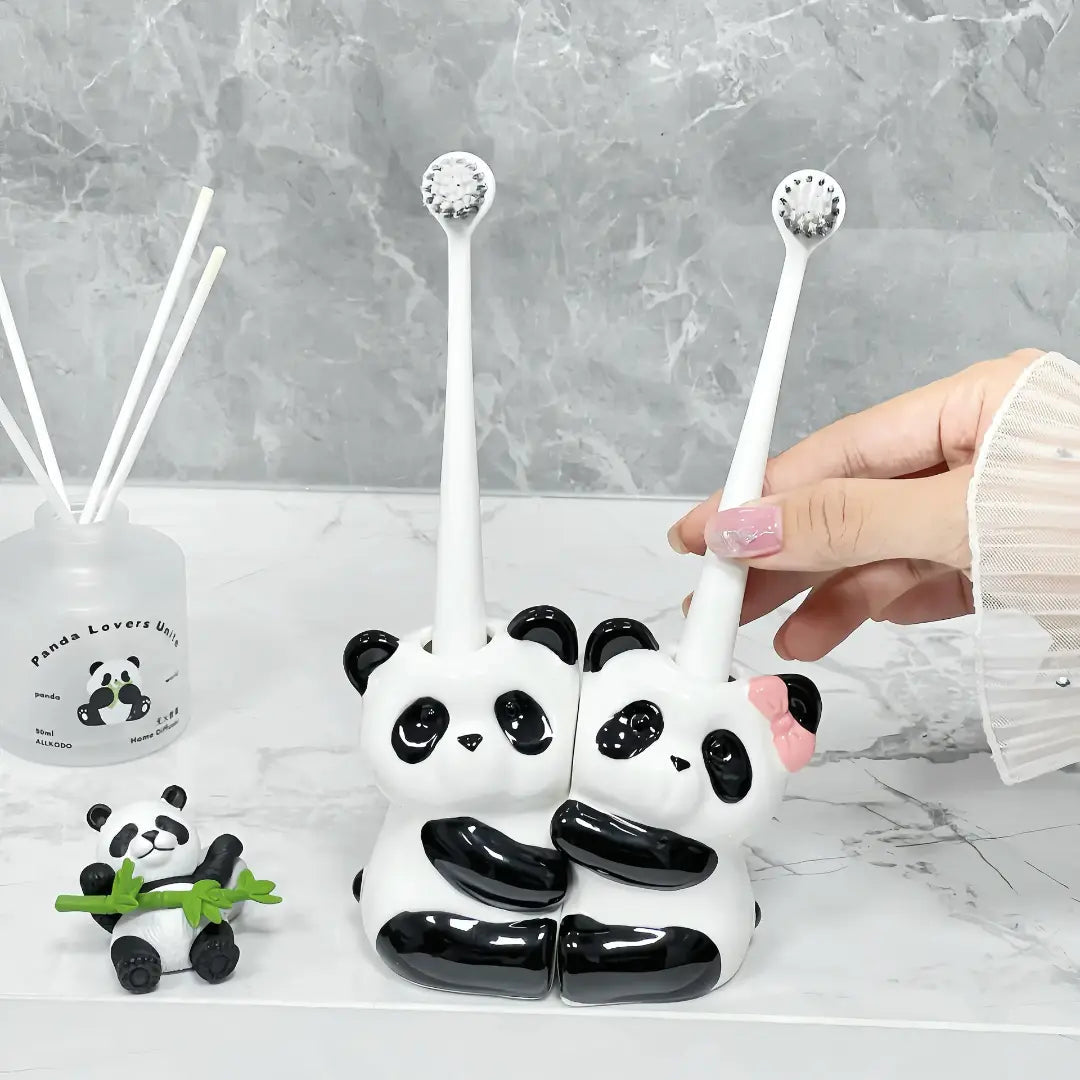 Cute Panda Couple Toothbrush Holder Ceramic Bathroom Counter Organizer for Kids & Family SparkelsSparkels