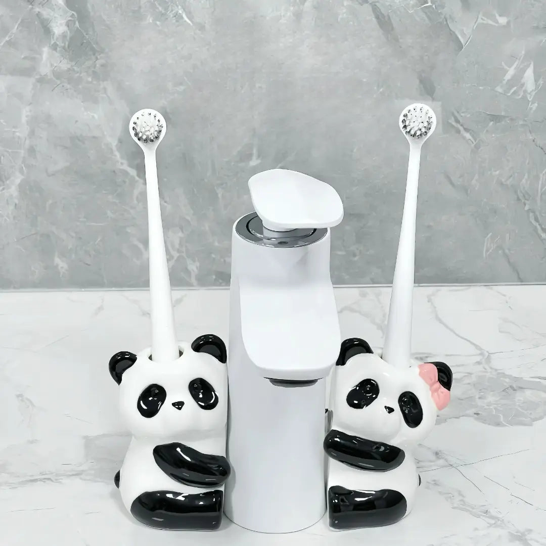 Cute Panda Couple Toothbrush Holder Ceramic Bathroom Counter Organizer for Kids & Family SparkelsSparkels