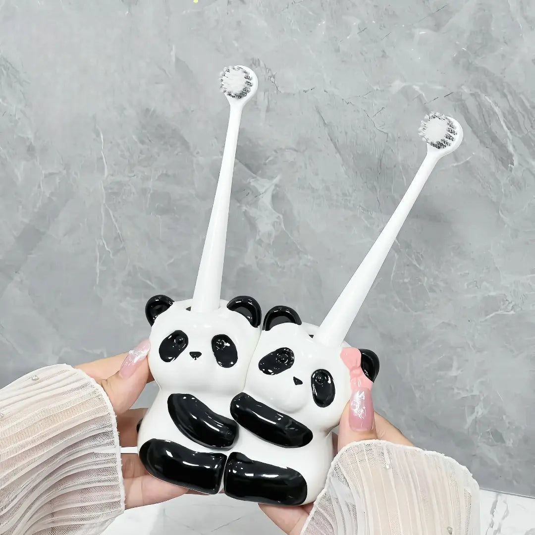 Cute Panda Couple Toothbrush Holder Ceramic Bathroom Counter Organizer for Kids & Family SparkelsSparkels