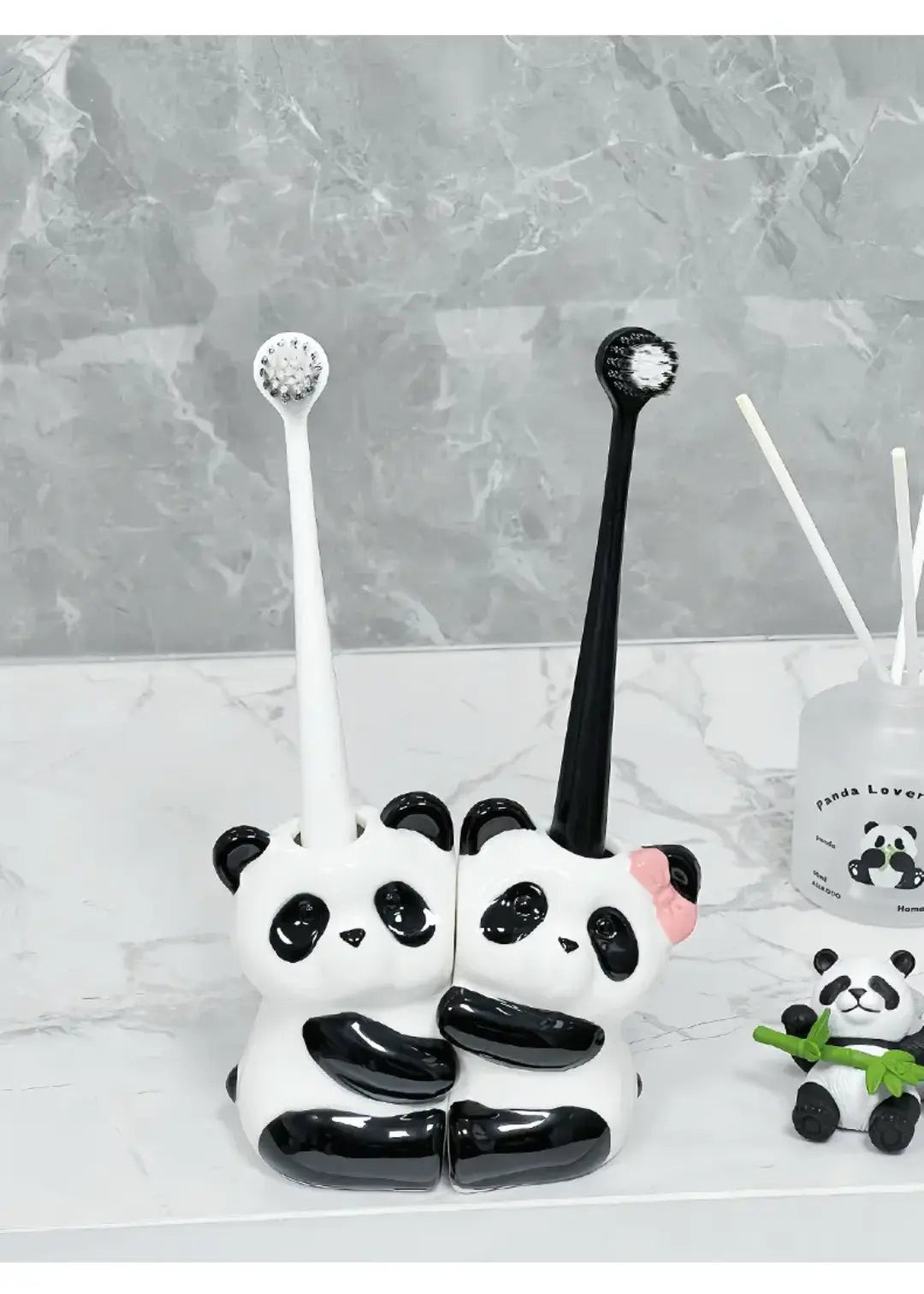 Cute Panda Couple Toothbrush Holder Ceramic Bathroom Counter Organizer for Kids & Family SparkelsSparkels