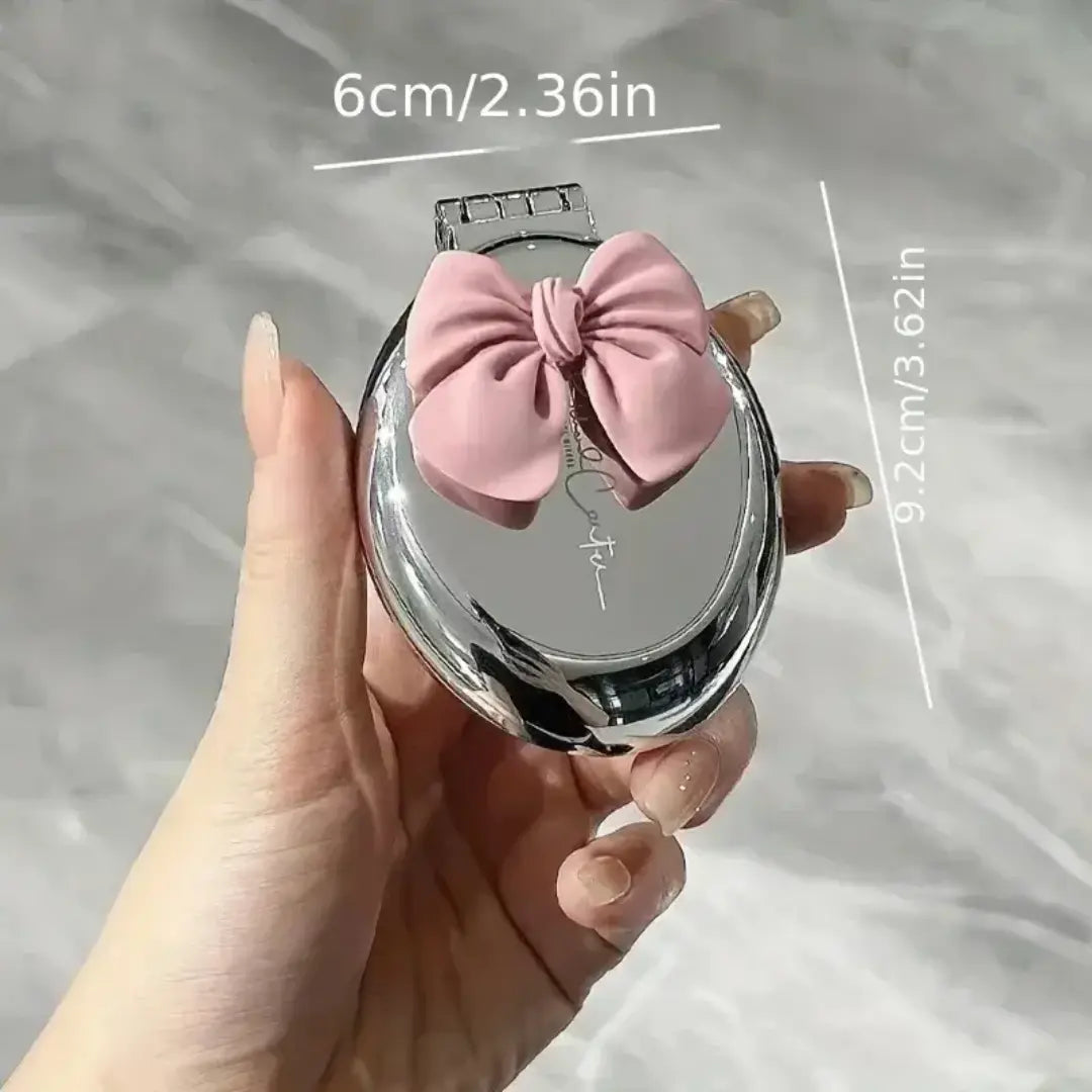 Portable Folding Mini Hair Brush with Compact Mirror Cute Bow Travel Pocket Comb SparkelsSparkels