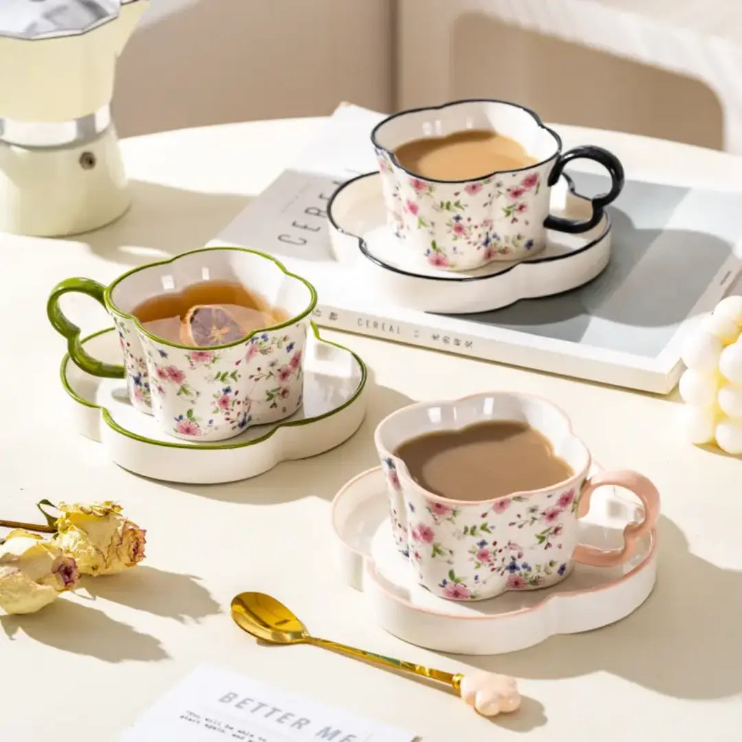 Vintage Floral Ceramic Tea Cup & Saucer Set Coffee Cup with Flower Rim & Matching Tray Cottagecore Aesthetic Drinkware SparkelsSparkels