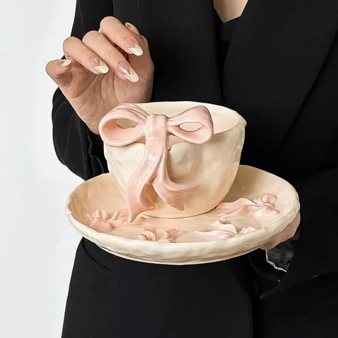 Handmade Ribbon Ceramic Coffee Cup & Saucer Set Luxury Artistic Tea Cup, Aesthetic Gift SparkelsSparkels
