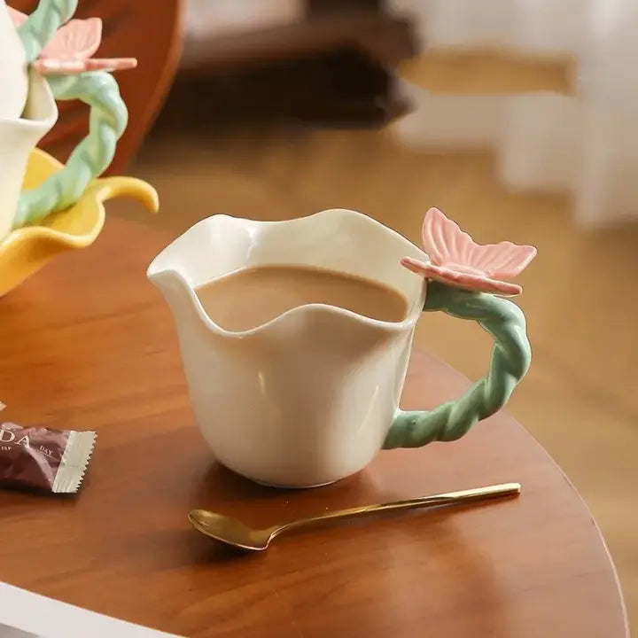 Vintage Flower Tea Cup & Leaf Saucer Set Handcrafted Ceramic Coffee Mug 280ml SparkelsSparkels