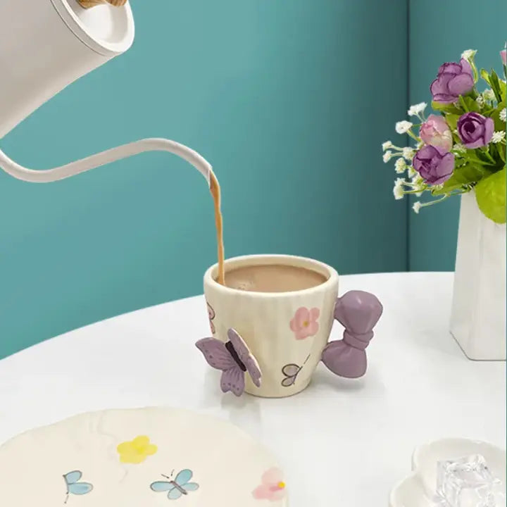 Butterfly Bow Ceramic Tea Cup & Saucer Set Cute Aesthetic Coffee Mug SparkelsSparkels
