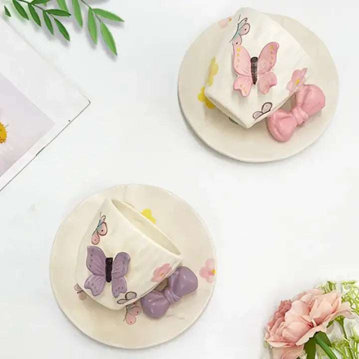 Butterfly Bow Ceramic Tea Cup & Saucer Set Cute Aesthetic Coffee Mug SparkelsSparkels