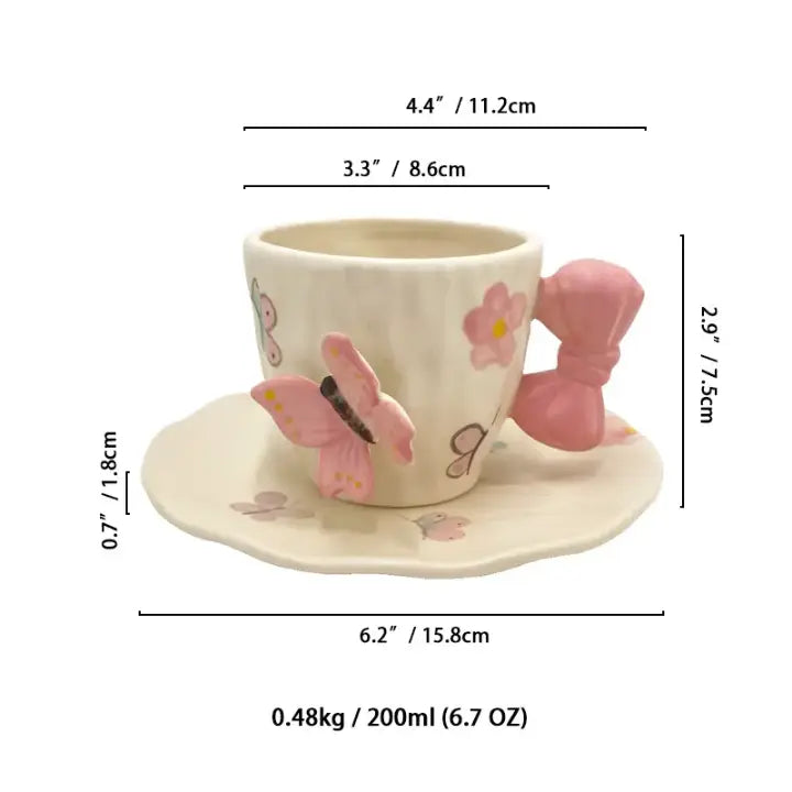 Butterfly Bow Ceramic Tea Cup & Saucer Set Cute Aesthetic Coffee Mug SparkelsSparkels