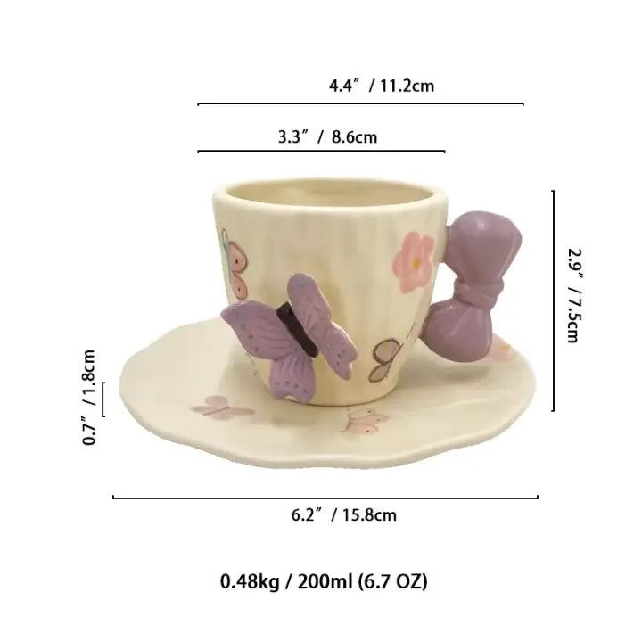 Butterfly Bow Ceramic Tea Cup & Saucer Set Cute Aesthetic Coffee Mug SparkelsSparkels