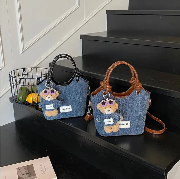 Cute Denim Teddy Bear Handbag Mini Crossbody Tote Bag for Women & Girls SparkelsSparkels
