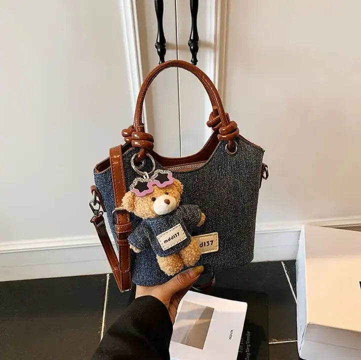 Cute Denim Teddy Bear Handbag Mini Crossbody Tote Bag for Women & Girls SparkelsSparkels