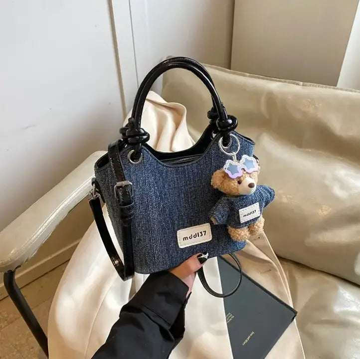 Cute Denim Teddy Bear Handbag Mini Crossbody Tote Bag for Women & Girls SparkelsSparkels