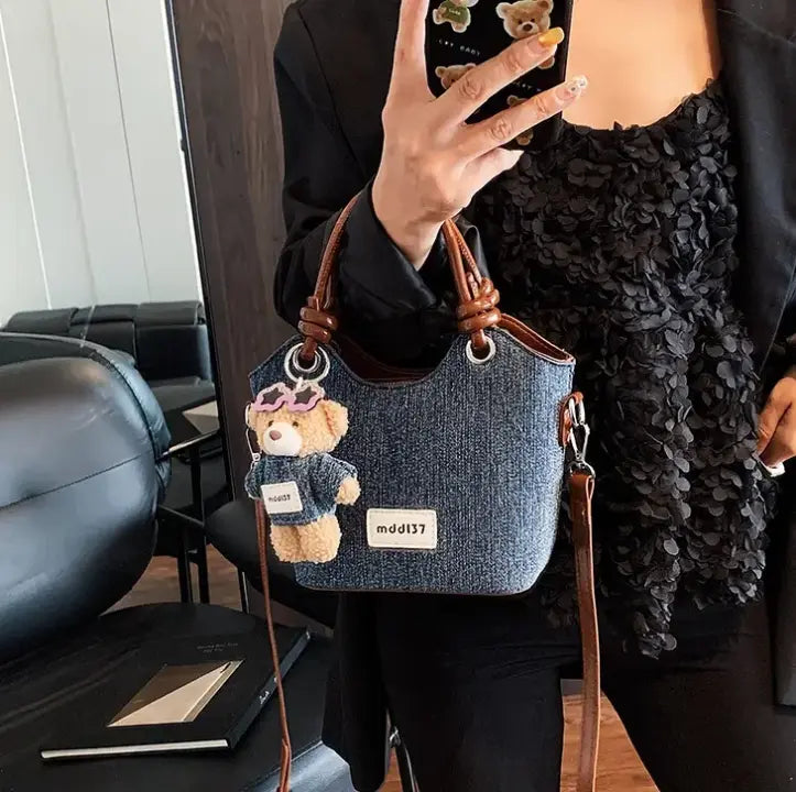 Cute Denim Teddy Bear Handbag Mini Crossbody Tote Bag for Women & Girls SparkelsSparkels
