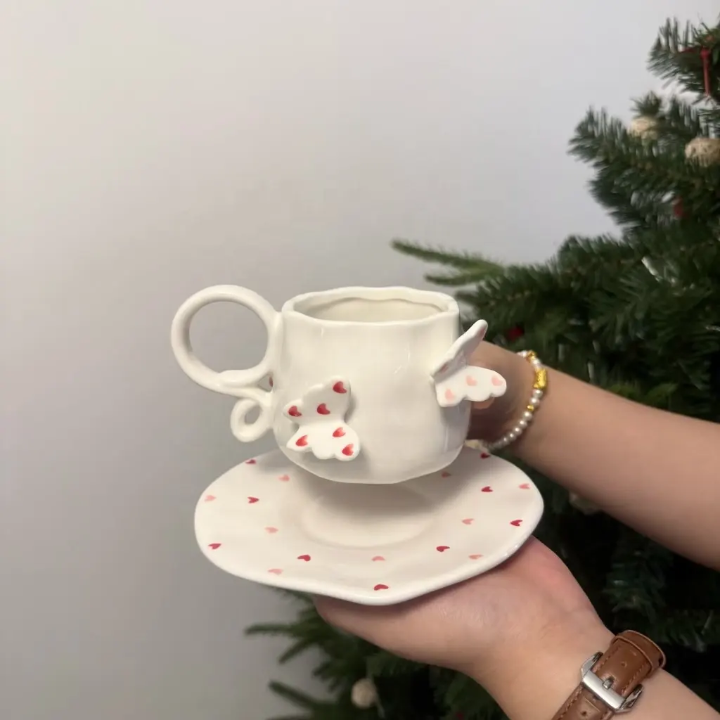 Handmade Butterfly Ceramic Cup & Saucer Set 270ml Cute Floral Aesthetic Coffee & Tea Cup